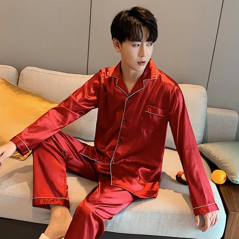 Sleepwear Couple Silk Satin Solid Color Pajama Sets Long Button-Down Pijama Plus Size Home Clothes Pyjamas Women Men Loungewear