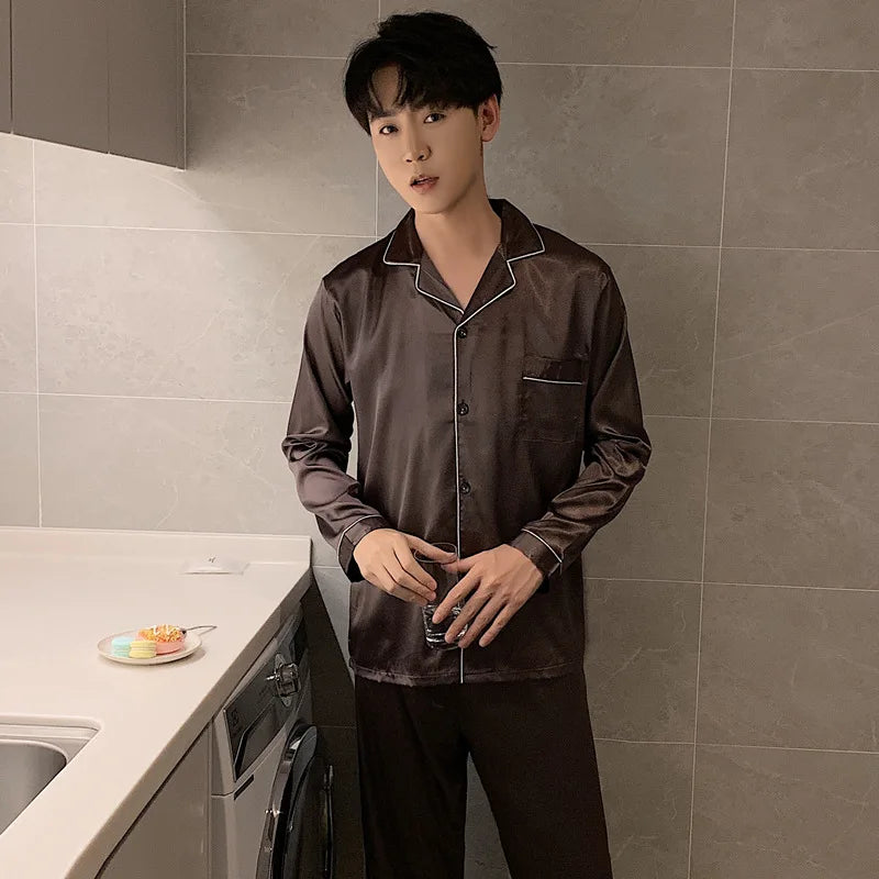 Sleepwear Couple Silk Satin Solid Color Pajama Sets Long Button-Down Pijama Plus Size Home Clothes Pyjamas Women Men Loungewear
