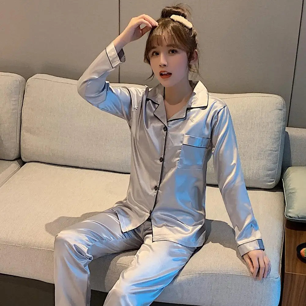 Sleepwear Couple Silk Satin Solid Color Pajama Sets Long Button-Down Pijama Plus Size Home Clothes Pyjamas Women Men Loungewear
