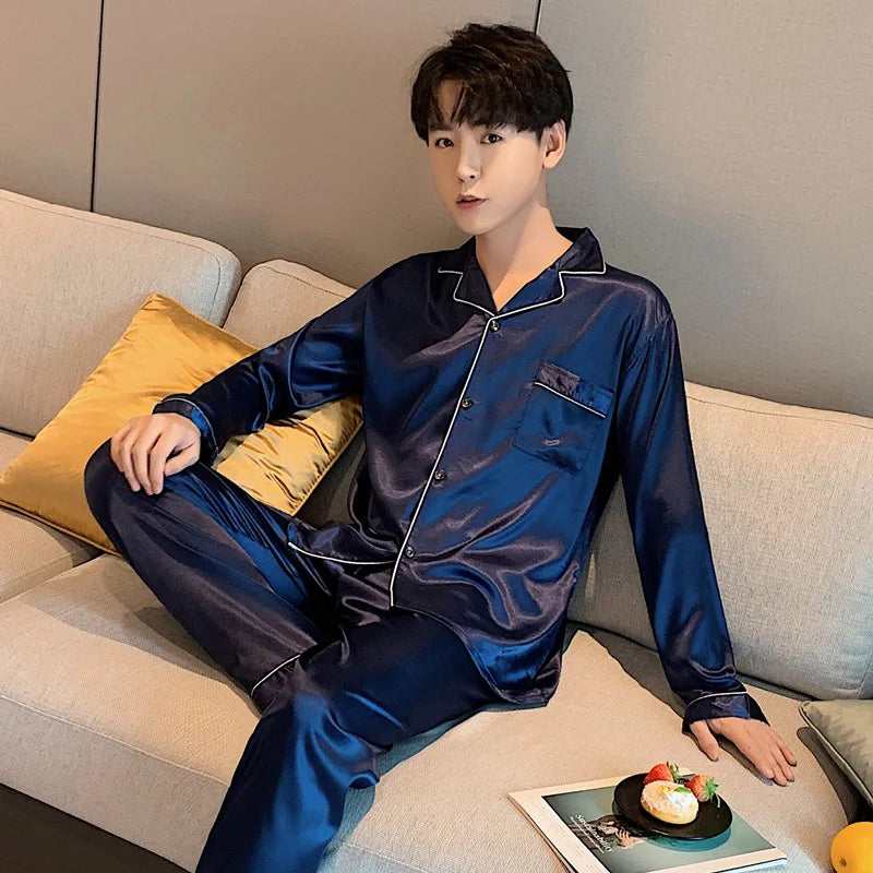 Sleepwear Couple Silk Satin Solid Color Pajama Sets Long Button-Down Pijama Plus Size Home Clothes Pyjamas Women Men Loungewear