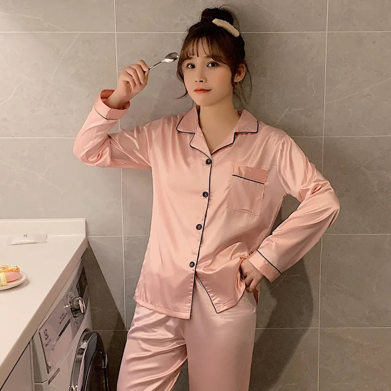 Sleepwear Couple Silk Satin Solid Color Pajama Sets Long Button-Down Pijama Plus Size Home Clothes Pyjamas Women Men Loungewear