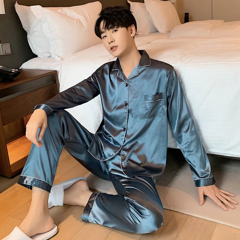 Sleepwear Couple Silk Satin Solid Color Pajama Sets Long Button-Down Pijama Plus Size Home Clothes Pyjamas Women Men Loungewear