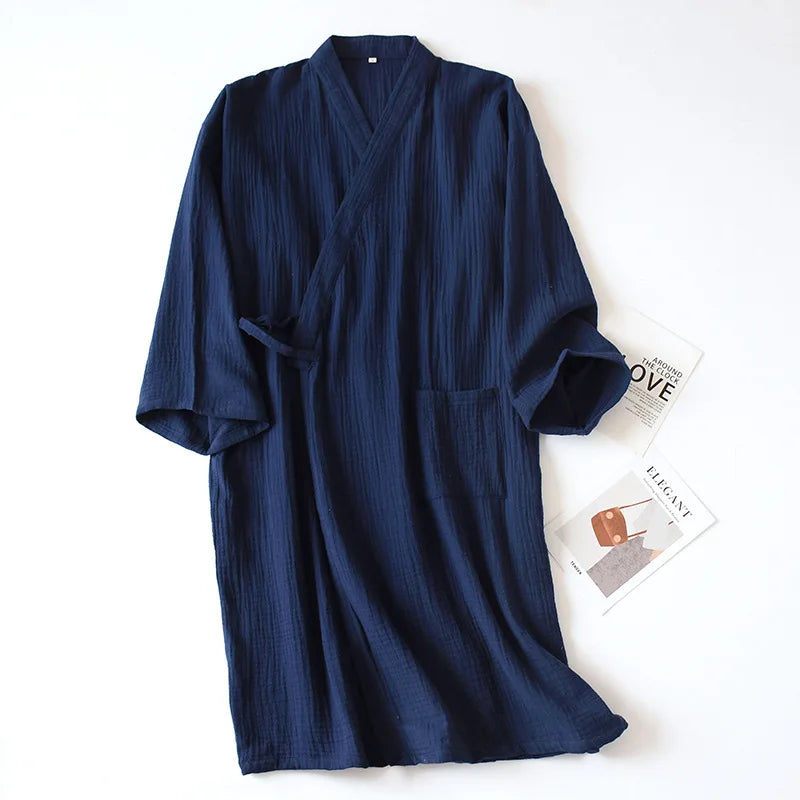 2026 Japanese-style kimono spring and summer new 100% cotton crepe ladies thin nightgown men bathrobe robe home service pajamas