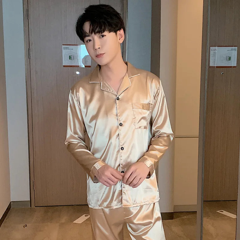 Sleepwear Couple Silk Satin Solid Color Pajama Sets Long Button-Down Pijama Plus Size Home Clothes Pyjamas Women Men Loungewear
