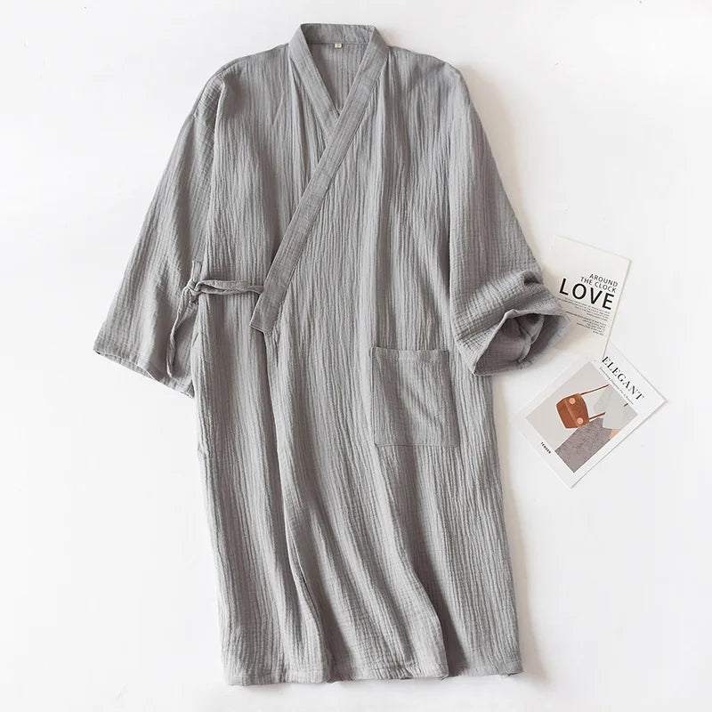 2026 Japanese-style kimono spring and summer new 100% cotton crepe ladies thin nightgown men bathrobe robe home service pajamas