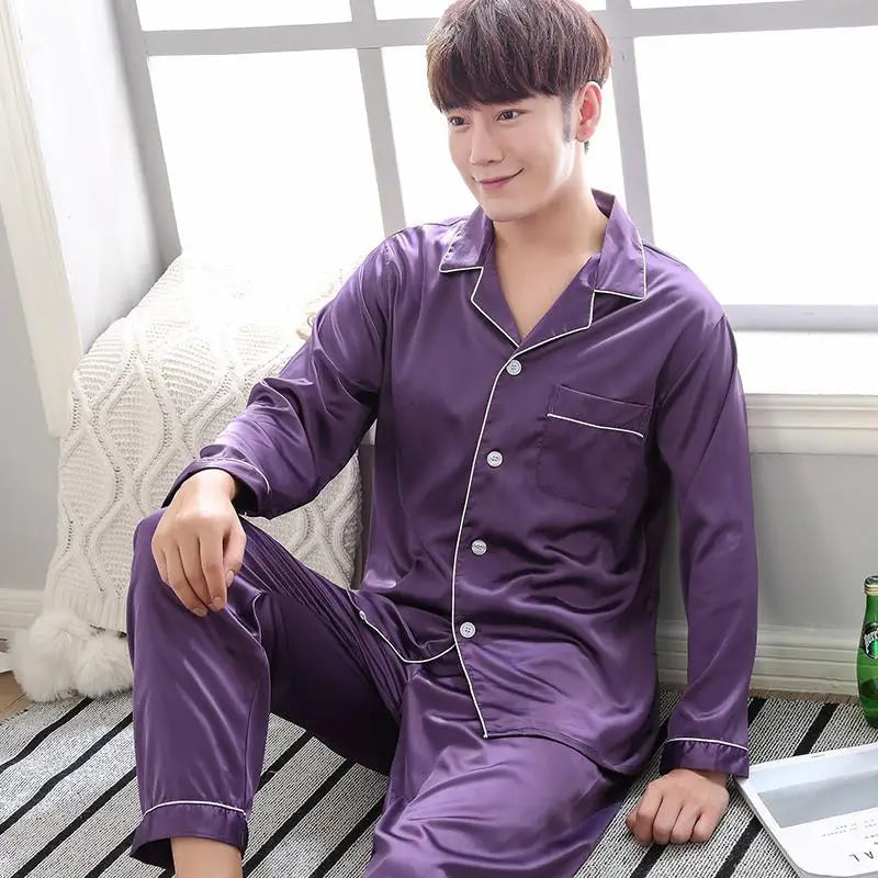 Sleepwear Couple Silk Satin Solid Color Pajama Sets Long Button-Down Pijama Plus Size Home Clothes Pyjamas Women Men Loungewear