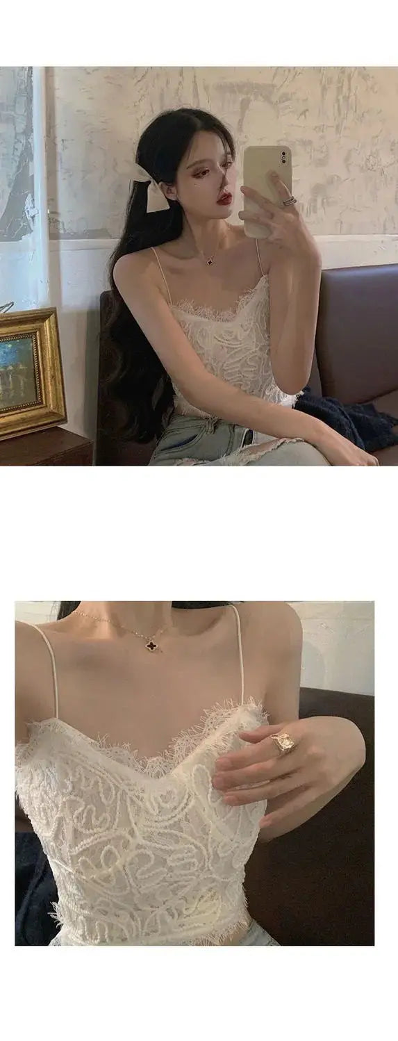 Lace Camis Women Sexy White Camisoles Sleeveless Crop Top Comfort Breathable Outwear Backless Spaghetti Strap Bralette Girl Ins