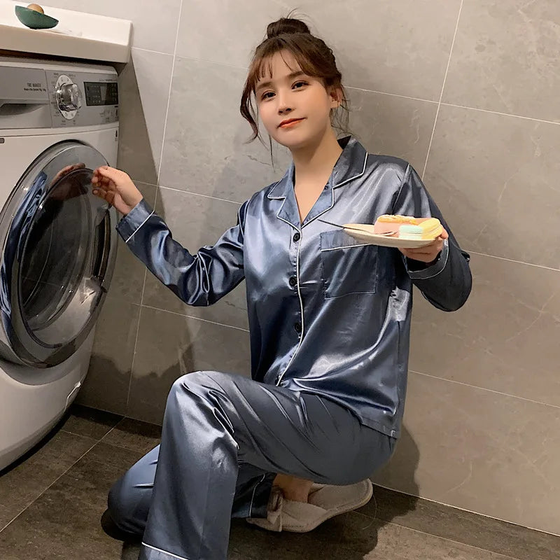 Sleepwear Couple Silk Satin Solid Color Pajama Sets Long Button-Down Pijama Plus Size Home Clothes Pyjamas Women Men Loungewear