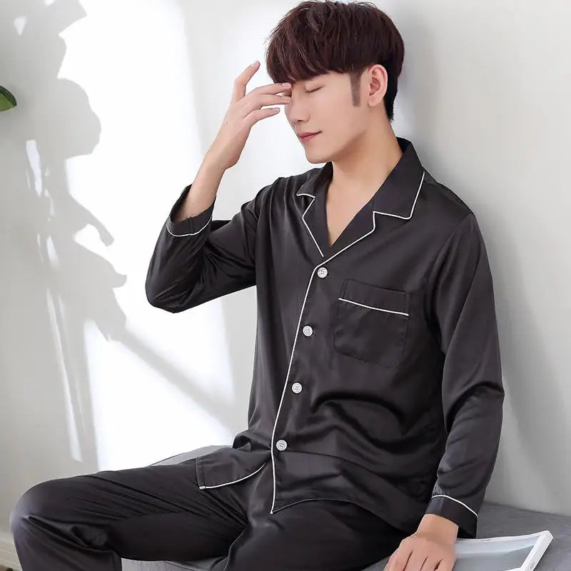 Sleepwear Couple Silk Satin Solid Color Pajama Sets Long Button-Down Pijama Plus Size Home Clothes Pyjamas Women Men Loungewear