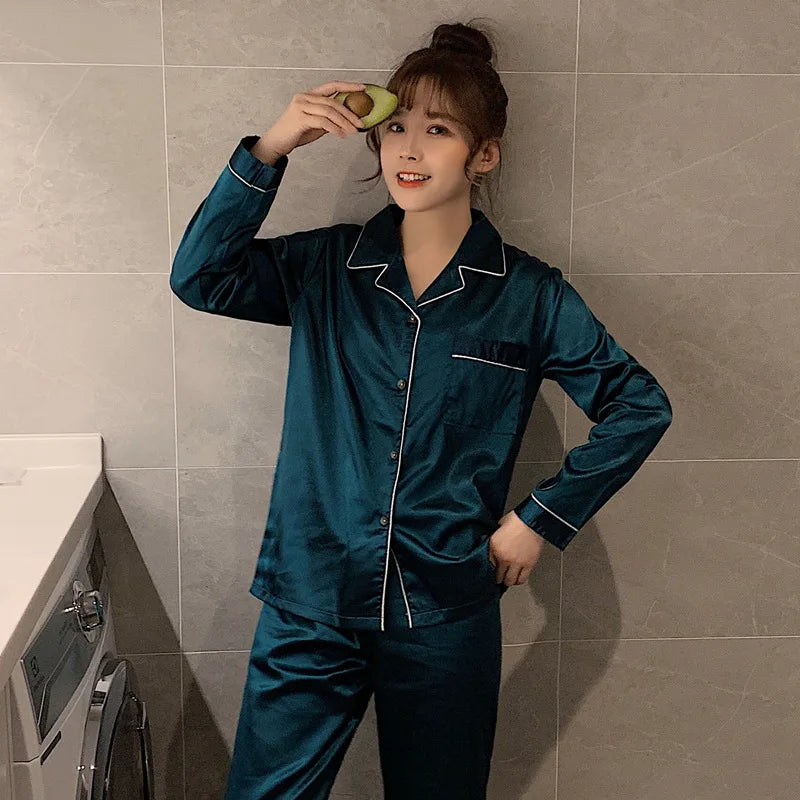 Sleepwear Couple Silk Satin Solid Color Pajama Sets Long Button-Down Pijama Plus Size Home Clothes Pyjamas Women Men Loungewear