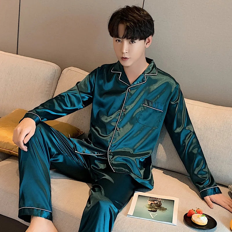 Sleepwear Couple Silk Satin Solid Color Pajama Sets Long Button-Down Pijama Plus Size Home Clothes Pyjamas Women Men Loungewear
