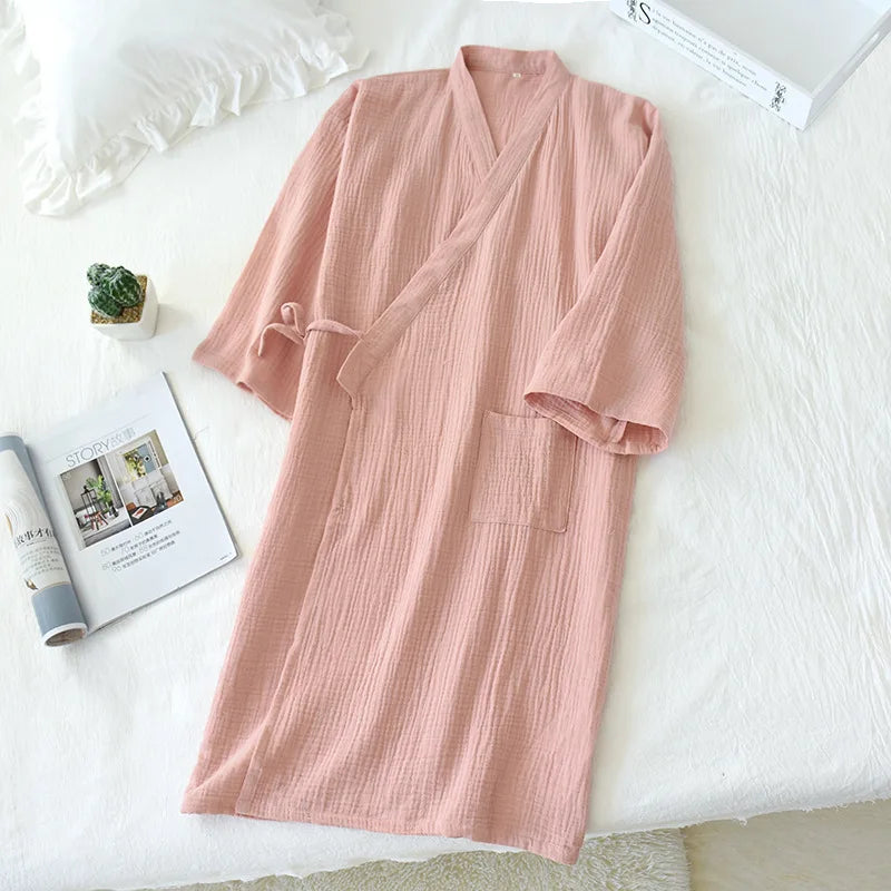 2026 Japanese-style kimono spring and summer new 100% cotton crepe ladies thin nightgown men bathrobe robe home service pajamas