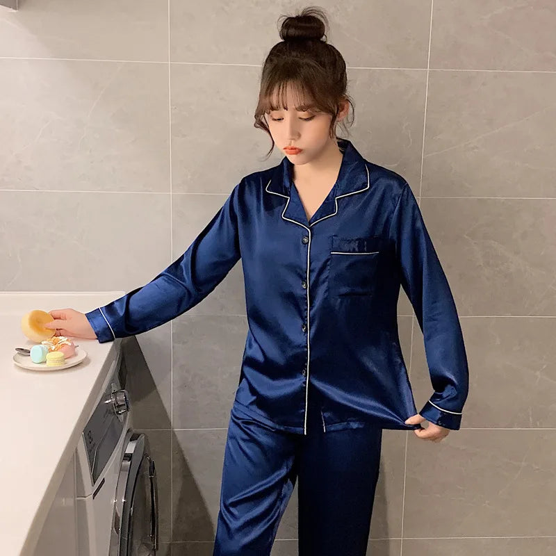 Sleepwear Couple Silk Satin Solid Color Pajama Sets Long Button-Down Pijama Plus Size Home Clothes Pyjamas Women Men Loungewear