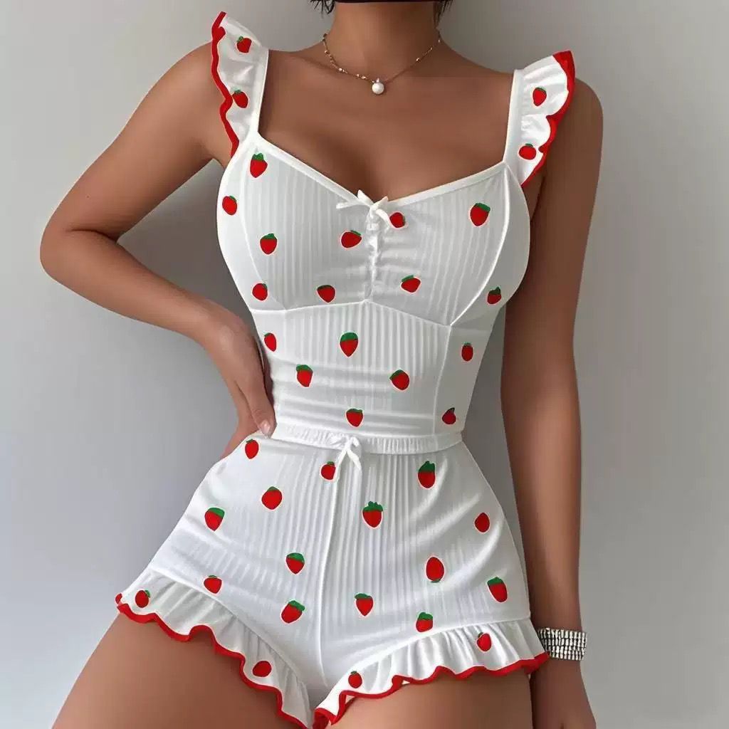 White strawberry print romper with red ruffle trim and fitted waist, a flirty and fun nightwear piece.