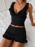 The Nocturnal Lace Set | Signature Tank & Short Duo in black with ruffle trim, perfect for stylish nightwear from Seductress Beauty.