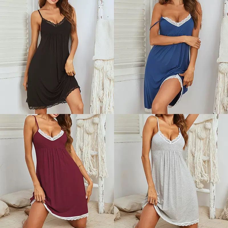 The Aria Romantique lace-trimmed lounge set in four colors: black, blue, burgundy, and grey. Soft nightwear with delicate lace detail.