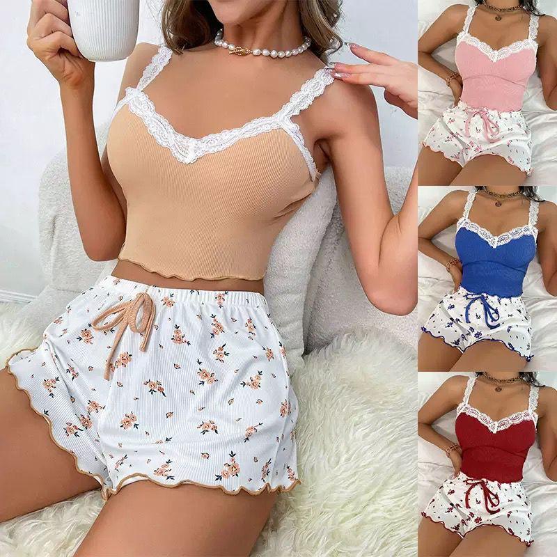 The Aria Romantique lace-trimmed lounge set in multiple colors with floral shorts and ribbed tops. Seductress Beauty sleepwear collection.