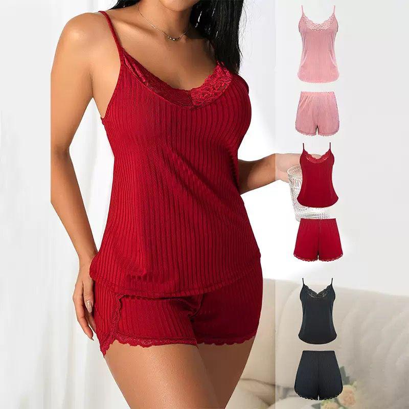 The Aria Romantique ribbed lace-trimmed lounge set in red with camisole and shorts. Includes color options in pink, red, black, and grey.