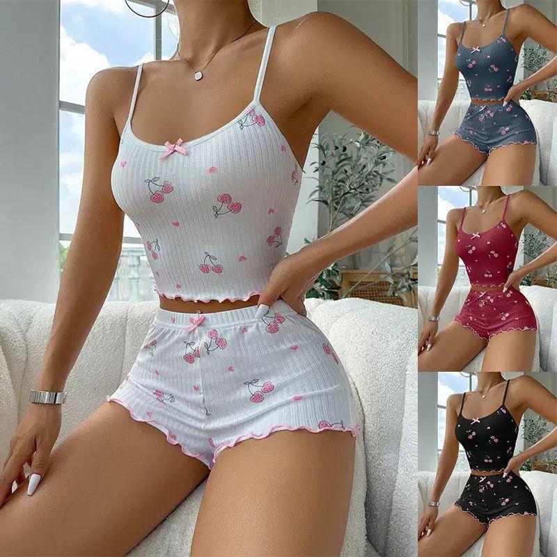Cherry-print lounge set from The Aria Romantique, available in multiple colors with a cropped cami and shorts. Seductress Beauty playful nightwear.