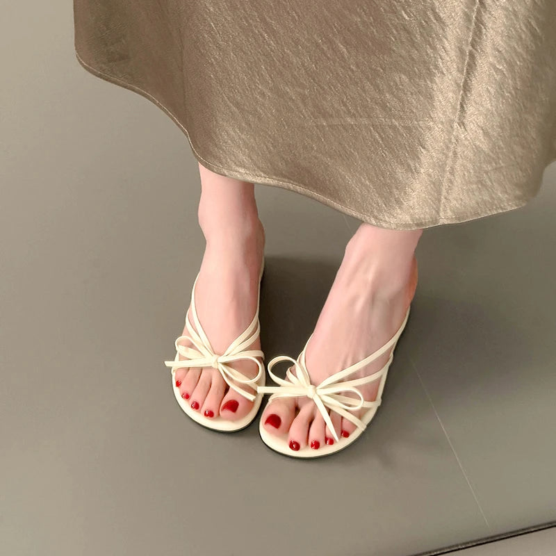 Women's Thick Heel Sandals Summer Outdoor Wear  Knot Slip-On Shoes Beach Vacation Heightening Beautiful Cool Sandals