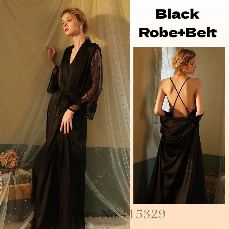 Wedding Bride Robe Set Women Sexy Lace Patchwork Nightgown Long Kimono Bath Gown Loose Suspender Nightdress Intimate Lingerie