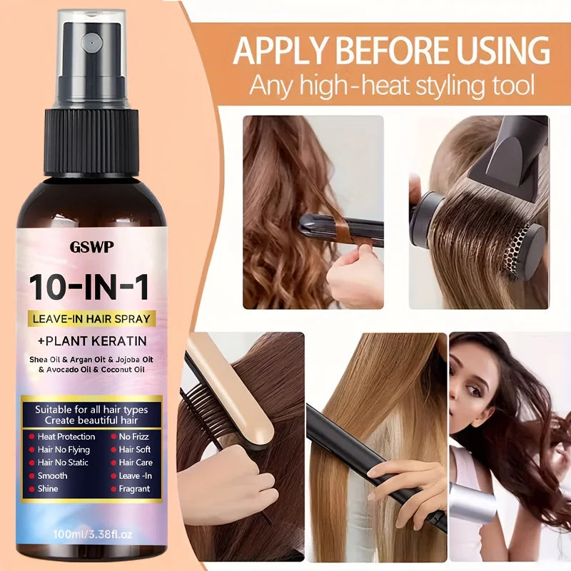 GSWP 10-in-1 Leave-in Hair Spray contains Moroccan argan oil and castor oil, providing heat protection and deep moisturization.