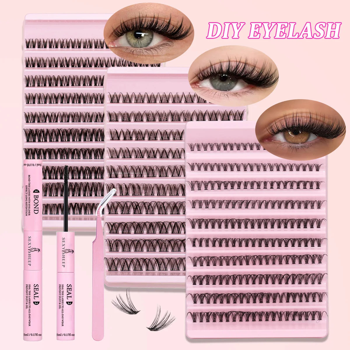 Lash Extension Kit DIY Lash Clusters Kit 8-16mm Individual Lashes Kit with Lash Bond and Seal Lash Tweezers for Self Use