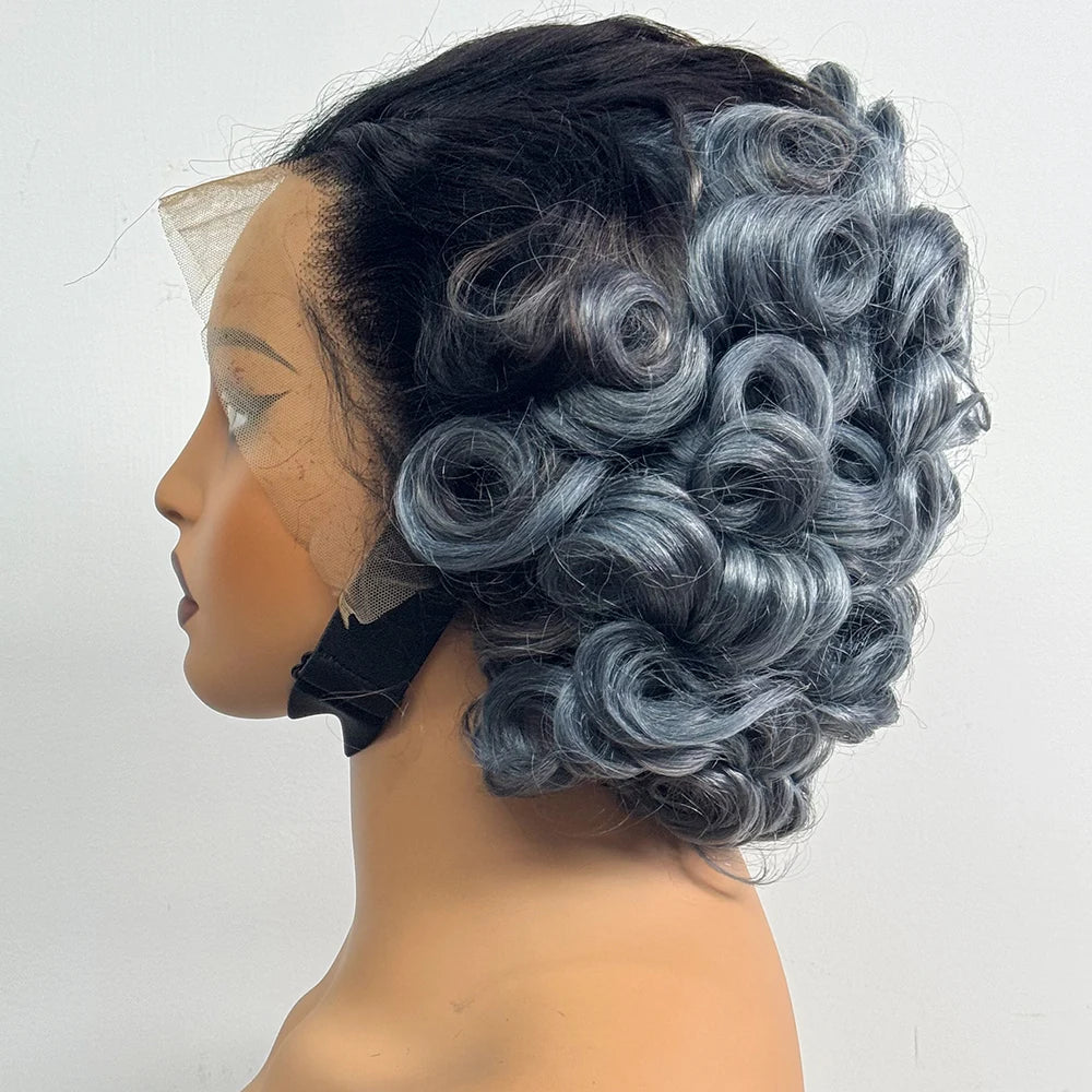 13x4 Transparent Lace Frontal Wigs Loose Bouncy Curly Human Hair Wig 250% Density Gray Short Wave Curly Wigs for Black Women