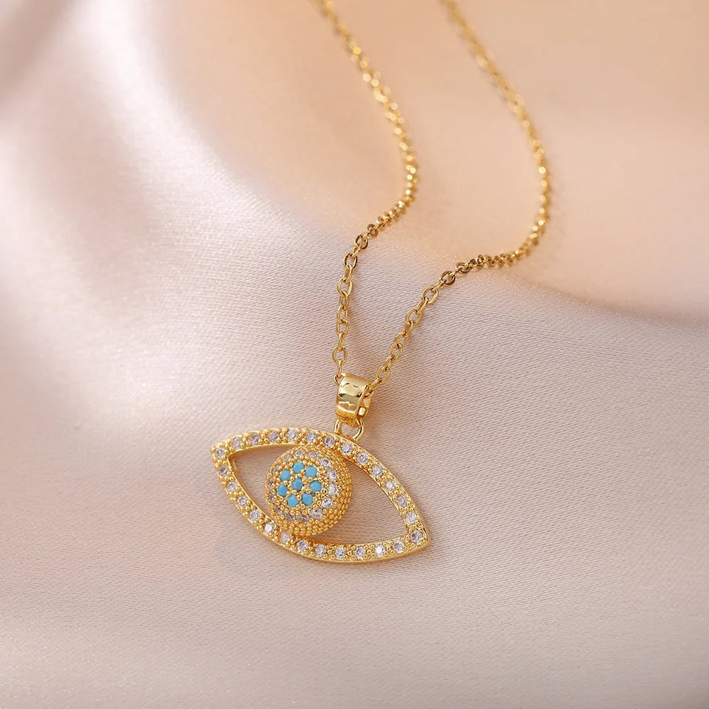 Evil Eye Necklace for Women, Turkish Nazar Pendant with Zircon, Stainless Steel Lucky Protection Necklaces Fashion Jewelry Gift