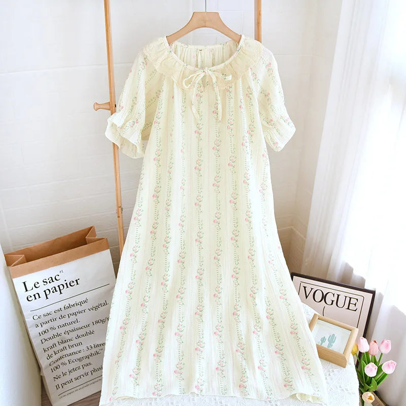 Summer Cotton Nightgown Fresh Round Neck Women's Home Wear Loose Thin Sleepwear Dress Night Wear Lenceria Femenina