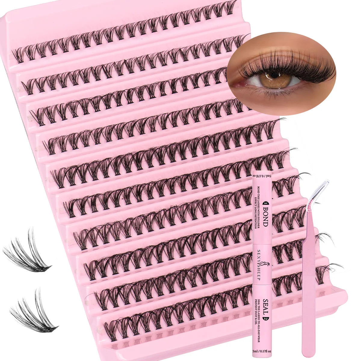 Lash Extension Kit DIY Lash Clusters Kit 8-16mm Individual Lashes Kit with Lash Bond and Seal Lash Tweezers for Self Use