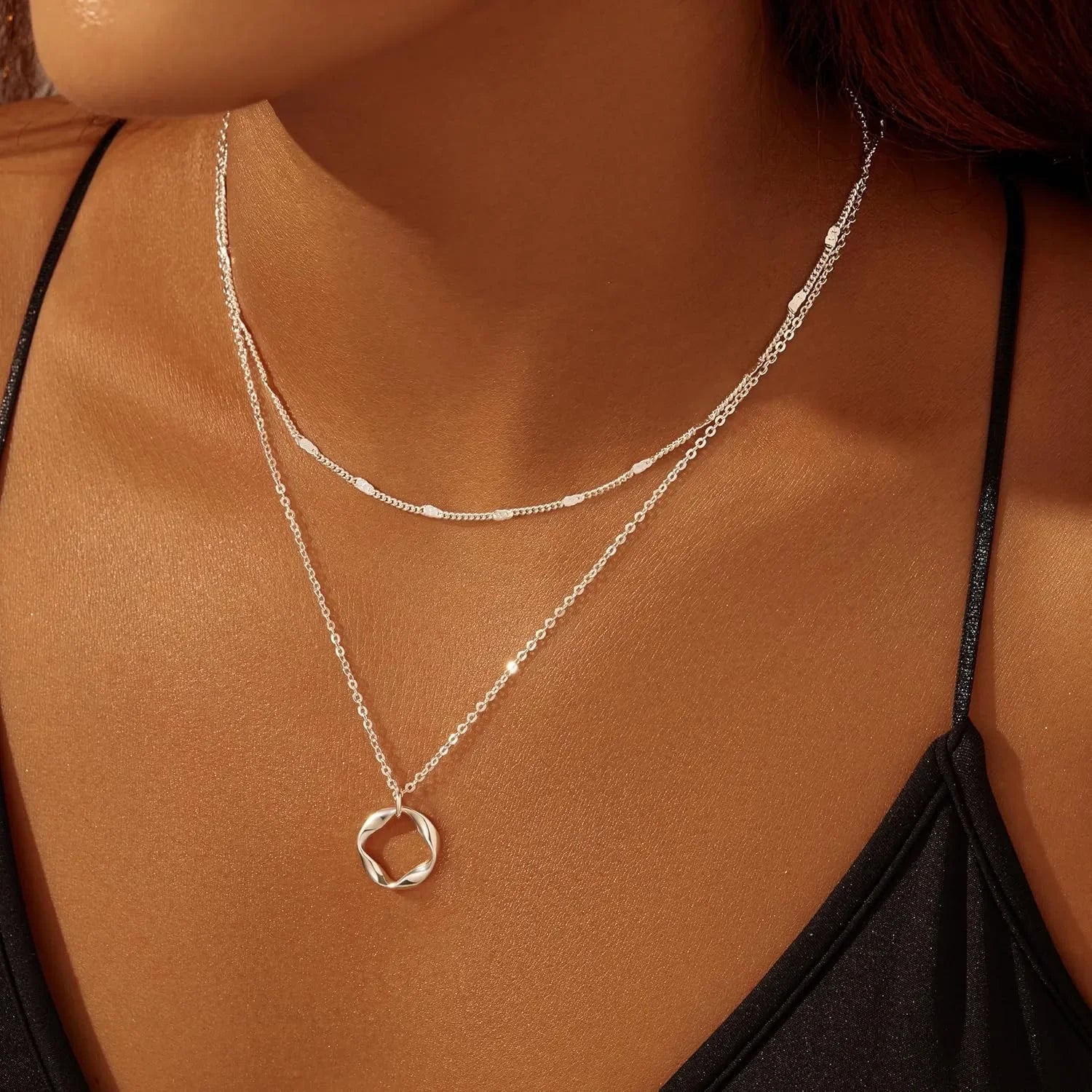 Layered 14k Gold Plated Necklaces for Women Stackable Silver Plated Circle Paperclip Chain Pendant Choker Necklace Set For Woman