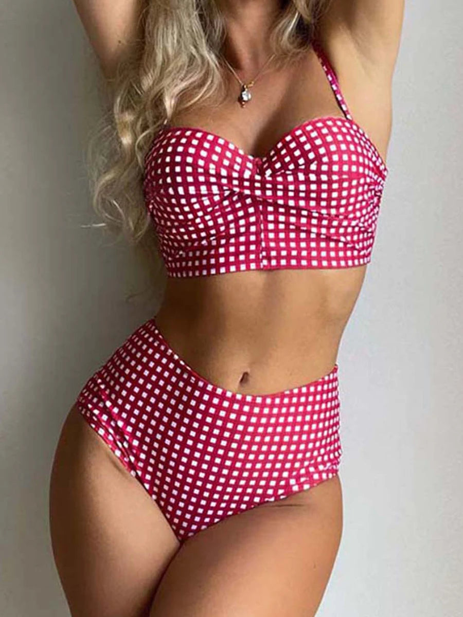 High Waist Bikinis 2026 Women Gingham Printed Swimwear Female Sexy Straped Swimsuit Female Padded Bathers Bathing Suit Beachwear