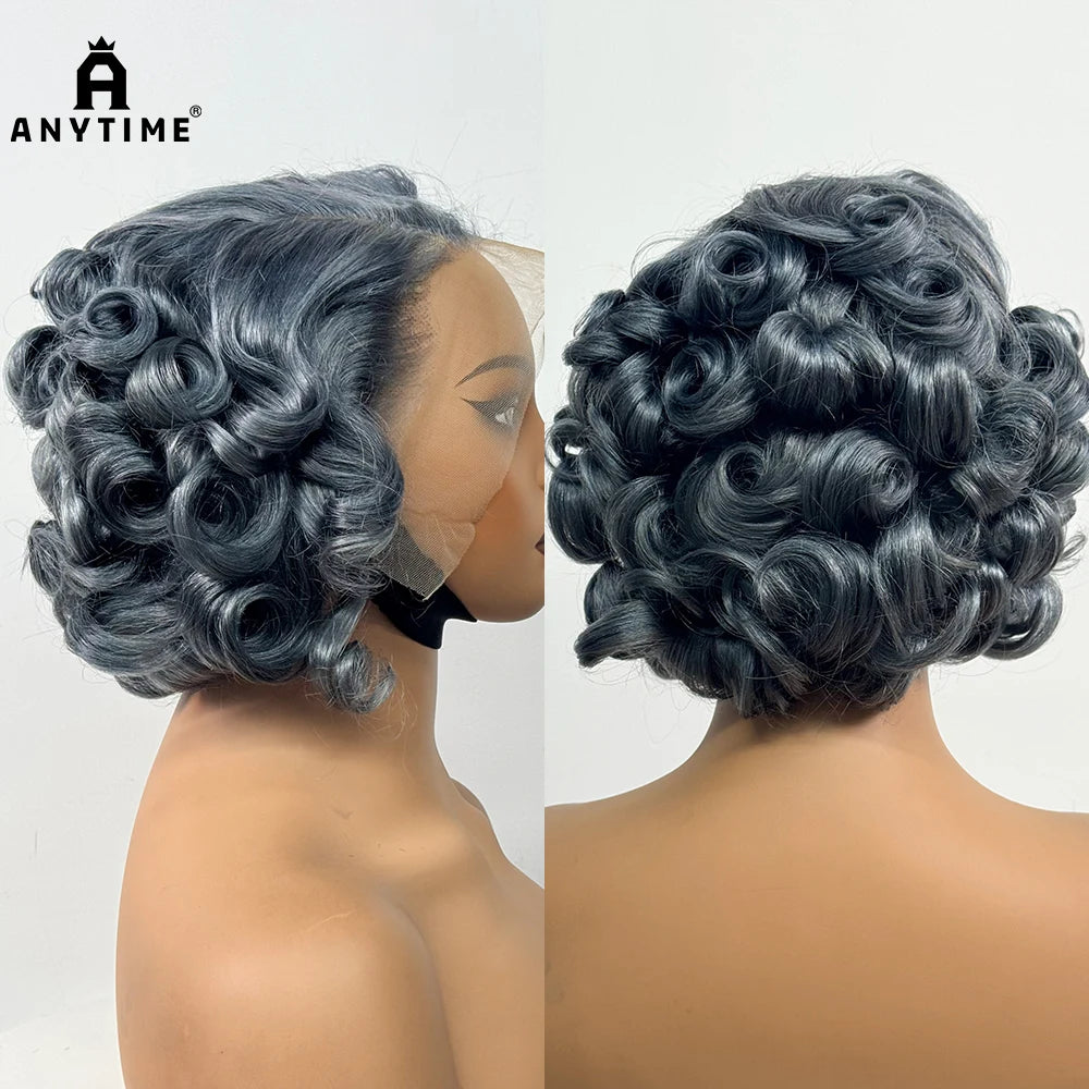 13x4 Transparent Lace Frontal Wigs Loose Bouncy Curly Human Hair Wig 250% Density Gray Short Wave Curly Wigs for Black Women