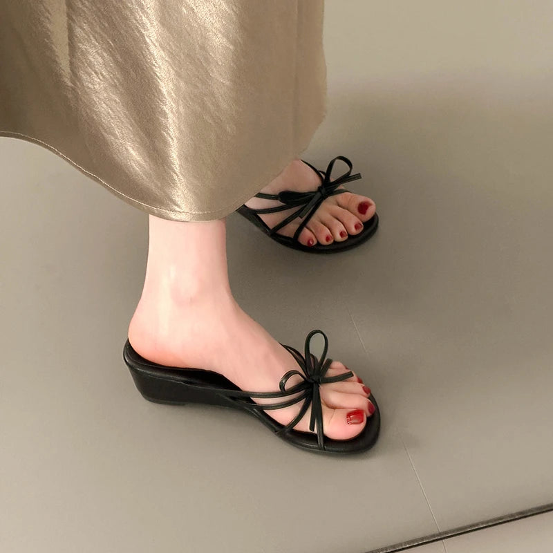 Women's Thick Heel Sandals Summer Outdoor Wear  Knot Slip-On Shoes Beach Vacation Heightening Beautiful Cool Sandals