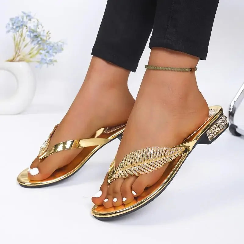 Rhinestone Leaves Clip Toe Sandals for Women Summer 2026 Low Square Crystal Heels Gladiator Shoes Slippers Woman Gold Flip Flops