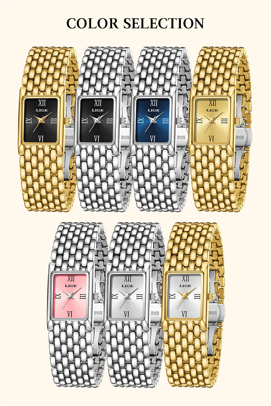 LIGE Silver Watch for Women Square Ladies Quartz Wristwatches Stainless Steel Women Small Gold Watch Luxury Casual Fashion Watch