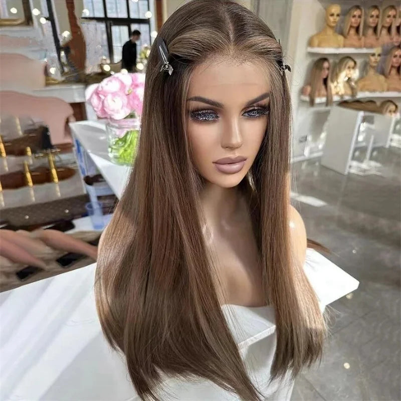 Synthetic Lace Front Front Wig Brown Straight Wig 13×4 Synthetic Glueless Wig Mix Blonde Hairline High Quality Natural Lace Wig