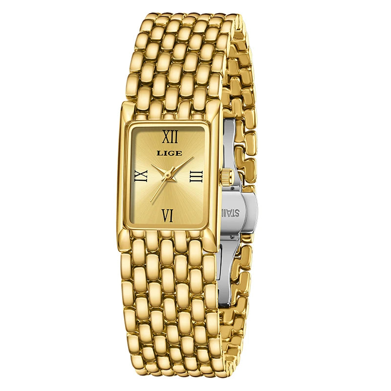 LIGE Silver Watch for Women Square Ladies Quartz Wristwatches Stainless Steel Women Small Gold Watch Luxury Casual Fashion Watch