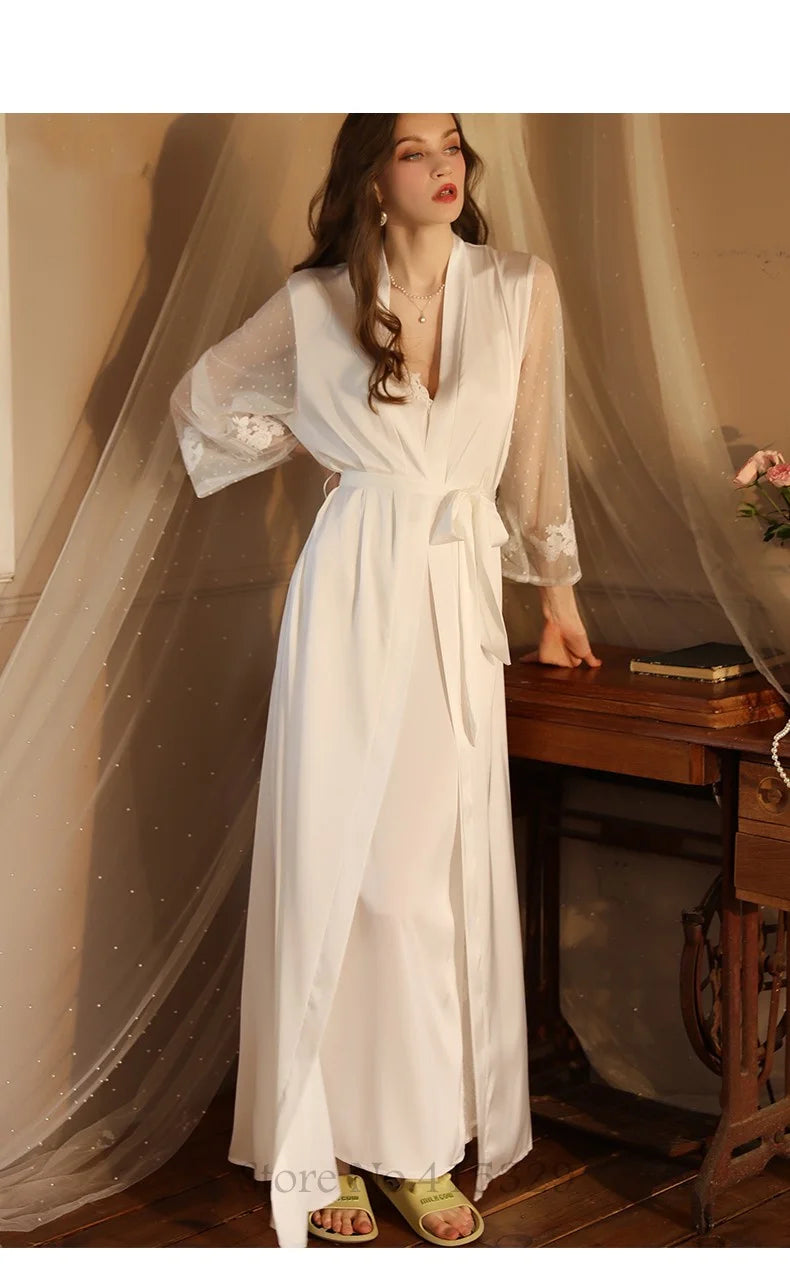 Wedding Bride Robe Set Women Sexy Lace Patchwork Nightgown Long Kimono Bath Gown Loose Suspender Nightdress Intimate Lingerie