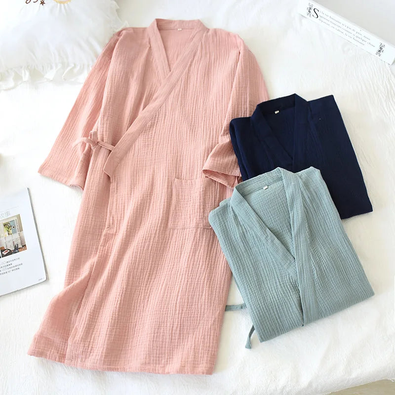 2026 Japanese-style kimono spring and summer new 100% cotton crepe ladies thin nightgown men bathrobe robe home service pajamas