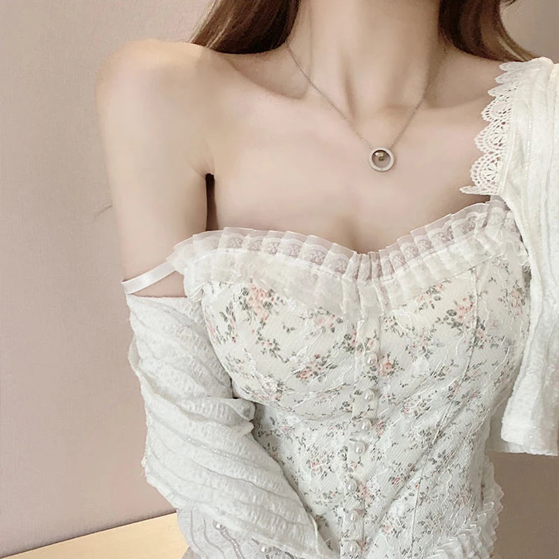 Lace Flower Print Cami Crop Tank Tops Summer Camisole Women's Tube Top Elegant Slim Short Tanks Vest Sexy Pearl Buttons Top
