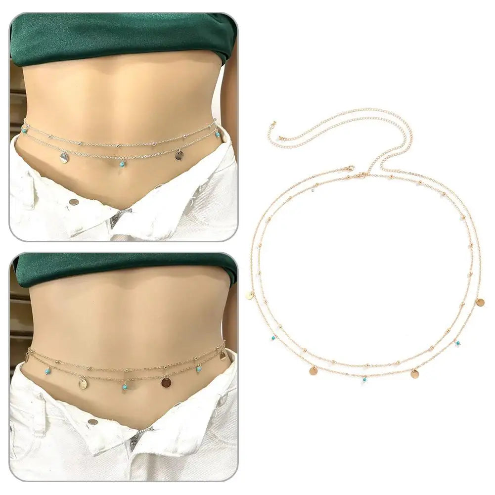 Boho Minimalism Multilayer Waist Beads Simple Tassel Sequin Waist Chain Leisure Hip-hop Double-layer Turquoise Body Waist Chain