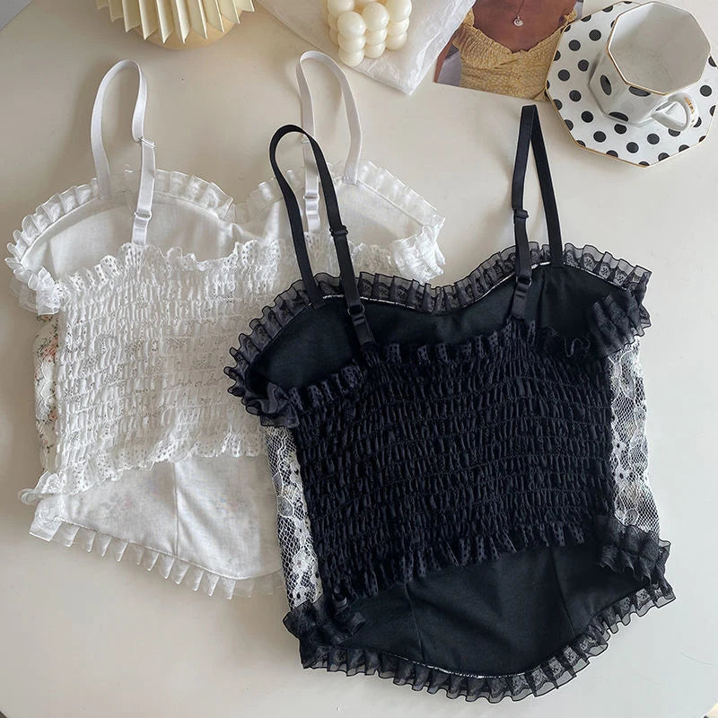 Lace Flower Print Cami Crop Tank Tops Summer Camisole Women's Tube Top Elegant Slim Short Tanks Vest Sexy Pearl Buttons Top
