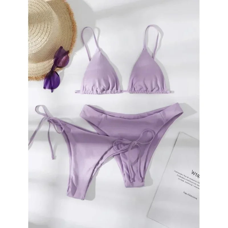Women's Sexy 3-Piece Bikini Set - Push Up Bandage Triangle Swimsuit in Blue & Purple, Brazilian Beachwear