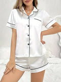 Summer Satin Silk Pajamas Set Womens Short Sleeve Turn-down Collar Button Top & Shorts Sleepwear Loungewear Nightwear
