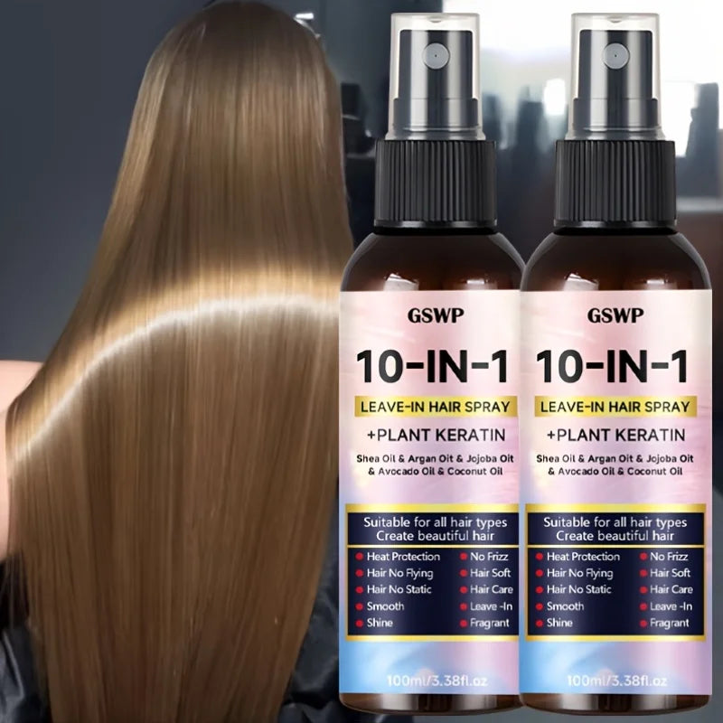 GSWP 10-in-1 Leave-in Hair Spray contains Moroccan argan oil and castor oil, providing heat protection and deep moisturization.