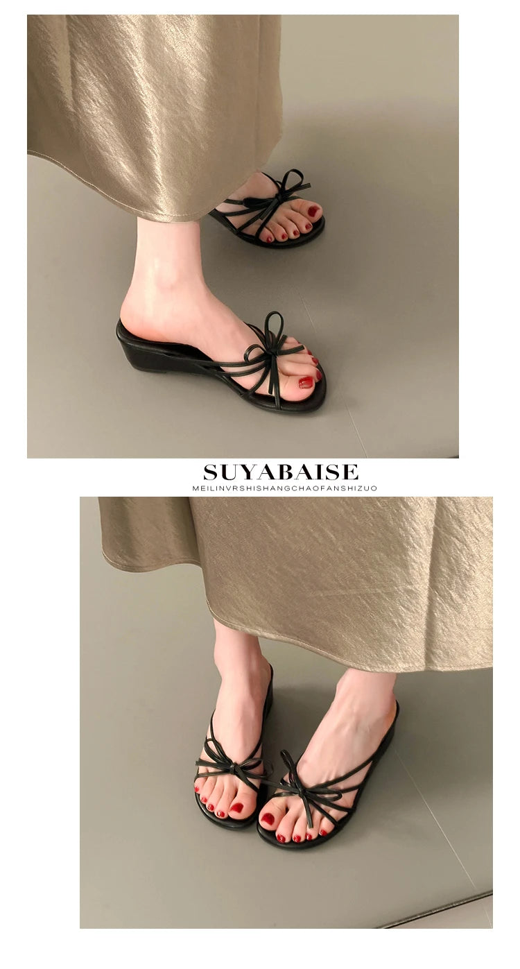 Women's Thick Heel Sandals Summer Outdoor Wear  Knot Slip-On Shoes Beach Vacation Heightening Beautiful Cool Sandals