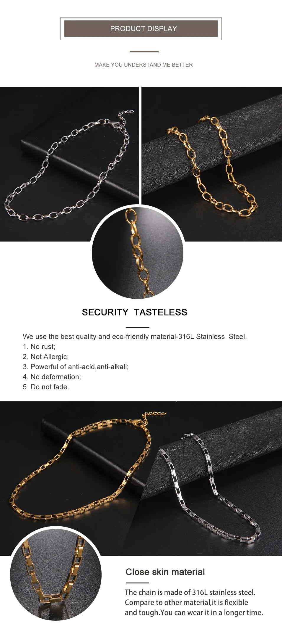 My Shape Paperclip Chain Stainless Steel Choker Necklaces for Men Women Link Oval Cable Chain Fashion Jewelry DIY Accessories