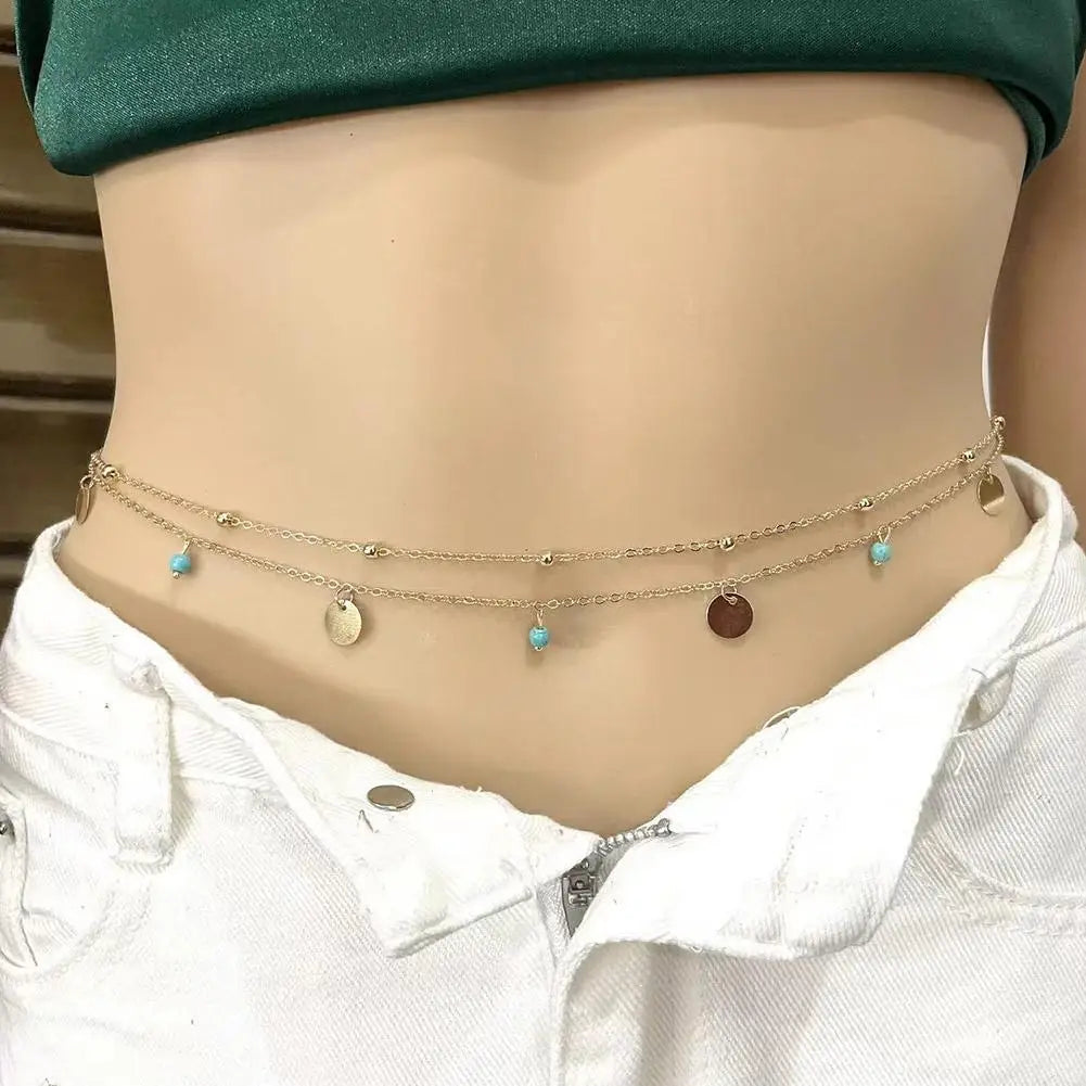 Boho Minimalism Multilayer Waist Beads Simple Tassel Sequin Waist Chain Leisure Hip-hop Double-layer Turquoise Body Waist Chain